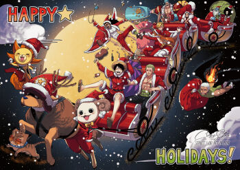  2girls 6+boys black_wings blonde_hair blush boned_meat brook_(one_piece) candy candy_cane cat christmas cloud commentary crezz_(infj_crezz) deer english_commentary fire food franky_(one_piece) full_moon going_merry green_hair hat jinbe_(one_piece) lion meat merry_christmas monkey_d._luffy moon multiple_boys multiple_girls nami_(one_piece) nico_robin one_piece orange_hair roronoa_zoro sack santa_costume santa_hat sleigh snowing stitched_torso stitches thousand_sunny tony_tony_chopper usopp wings 