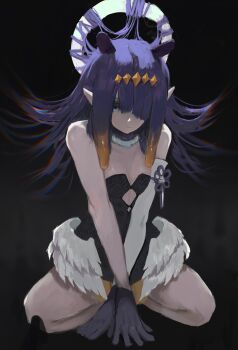  1girl bare_shoulders black_background black_dress blue_eyes closed_mouth collar colored_tips commentary crossed_wrists detached_sleeves diagonal_bangs dress english_commentary feathered_wings flat_chest full_body fur-trimmed_collar fur_trim gloves hair_over_one_eye halo highres hololive hololive_english long_hair looking_down multicolored_hair ninomae_ina'nis ninomae_ina'nis_(1st_costume) one_eye_covered pointy_ears purple_collar purple_gloves purple_hair serious shadelett short_dress sidelocks simple_background single_detached_sleeve sitting sleeveless sleeveless_dress solo tentacle_hair virtual_youtuber white_halo wings  rating:Sensitive score:1 user:danbooru