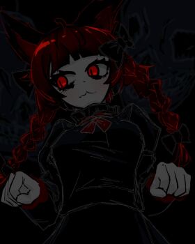  1girl :3 animal_ears black_background black_shirt blunt_bangs braid breasts cat_ears cat_girl closed_mouth hands_up highres kaenbyou_rin long_hair long_sleeves medium_breasts paw_pose puffy_short_sleeves puffy_sleeves raikou_ranleaf red_eyes red_hair shirt short_sleeves simple_background solo touhou twin_braids 