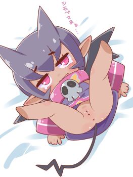  1girl anus bar_censor blush bottomless cello_(20000) censored character_request chibi cleft_of_venus dress female_focus grey_hair highres japanese_text loli looking_at_viewer lying no_feet on_back open_mouth pink_eyes presenting presenting_pussy pussy skull_ornament solo spread_legs tail tears translation_request webp-to-png_conversion 