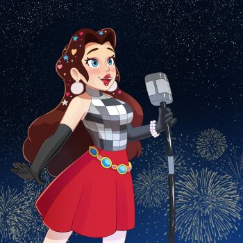  1girl belt black_gloves blue_eyes brown_hair dhesomix elbow_gloves fireworks gloves grey_shirt hair_ornament halterneck highres holding holding_microphone_stand long_hair mario_(series) mario_kart mario_kart_tour microphone_stand nintendo official_alternate_costume outdoors pauline_(mario) pauline_(party_time)_(mario) red_skirt shirt skirt sleeveless sleeveless_shirt solo 