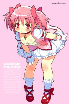  1girl blush bobby_socks bow breasts character_doll closed_mouth commentary doll english_commentary english_text fanbox_username full_body gloves hair_bow high_heels jaggy_lines kaname_madoka kaname_madoka_(magical_girl) leaning_forward looking_at_viewer mahou_shoujo_madoka_magica pink_background pink_bow pink_eyes pink_hair pongldr puffy_short_sleeves puffy_sleeves red_shoes shoes short_hair short_sleeves skirt small_breasts smile socks solo twintails watermark web_address white_gloves white_skirt white_socks  rating:Sensitive score:33 user:danbooru