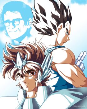 absurdres armor artist_logo back-to-back black_hair blue_sky blue_tank_top brown_eyes brown_hair closed_mouth cloud cloudy_sky commentary dragon_ball dragonball_z english_commentary eric_legrand glasses highres kinzokumatto logo looking_at_viewer looking_back muscular muscular_male pegasus_seiya real_life saint_seiya sky smile spiked_hair tank_top vegeta voice_actor voice_actor_connection voice_actor_tribute
