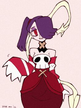 1girl blush cowboy_shot detached_collar detached_sleeves dress eyeshadow facing_viewer hair_over_one_eye makeup purple_hair red_eyes side_ponytail skullgirls smile solo squigly_(skullgirls) stitched_mouth stitches striped_sleeves wide_hips znemuin