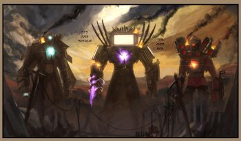  3boys arm_cannon artist_name battle_damage black_smoke burning camera cloud cloud_ruan99543 cloudy_sky commentary core corpse dual_arm_cannons english_commentary english_text fire glowing glowing_chest glowing_weapon highres jetpack looking_at_viewer metal_wings multiple_boys object_head post-apocalypse ruins shoulder_spikes skibidi_toilet_(series) sky smoke smoke_trail speaker speech_bubble spikes television titan_camera_man titan_speaker_man titan_tv_man weapon wings wrist_blades 