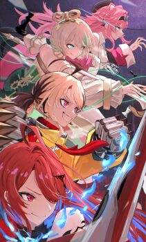  4girls absurdres ahoge animal_ears blue_eyes blue_fire brown_hair cecilia_immergreen cecilia_immergreen_(1st_costume) claw_(weapon) clenched_hands commentary elizabeth_rose_bloodflame elizabeth_rose_bloodflame_(1st_costume) english_commentary eye_trail fire gauntlets gigi_murin gigi_murin_(1st_costume) goggles goggles_on_head green_eyes grey_hair hat highres holding holding_polearm holding_weapon holojustice hololive hololive_english kyouraku light_trail long_hair multiple_girls panther_ears pink_eyes pink_hair polearm raora_panthera raora_panthera_(1st_costume) red_eyes red_hair spear virtual_youtuber weapon winding_key 