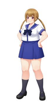  1girl artist_request black_shoes black_socks blue_bow blue_bowtie blue_sailor_collar blue_skirt blue_trim bow bowtie brown_hair cinderella_series closed_mouth hachigatsu_no_cinderella_nine hands_on_own_hips highres kazamatsuri_serina kneehighs long_hair looking_at_viewer low_twintails official_art plump purple_eyes sailor_collar school_uniform shirt shoes short_sleeves skirt socks solo thick_thighs thighs transparent_background twintails white_shirt 