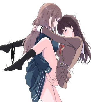  2girls absurdres arms_around_neck bang_dream! bang_dream!_it's_mygo!!!!! black_eyes black_hair black_panties black_socks blue_shirt blue_skirt blush breasts brown_hair brown_shirt brown_skirt chinese_commentary clothed_sex clothes_lift commentary_request da_ge_xiao_xian emotionless_sex empty_eyes expressionless from_side furrowed_brow futa_with_female futanari hair_behind_ear hanasakigawa_school_uniform highres implied_futanari large_breasts long_hair looking_at_another miniskirt mole mole_under_eye motion_lines multiple_girls nagasaki_soyo neck_ribbon no_shoes nose_blush panties panties_around_one_ankle parted_lips pleated_skirt profile purple_eyes red_ribbon ribbon school_uniform sex shiina_taki shirt skirt skirt_lift skirt_set sleeve_cuffs socks speed_lines standing straight_hair suspended_congress tsukinomori_school_uniform twitching underwear white_background winter_uniform 