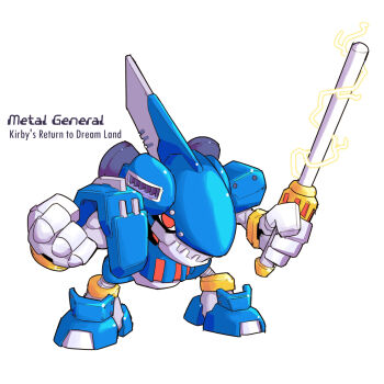  2000s_(style) armor blue_armor character_name clenched_hands commentary copyright_name english_commentary fins full_body head_fins highres holding holding_weapon humanoid_robot karakatodzo kirby's_return_to_dream_land kirby_(series) legs_apart looking_at_viewer mega_man_(series) mega_man_zero_(series) metal_general nakayama_tooru_(style) nintendo parody red_eyes robot shark_fin shock_baton standing style_parody weapon 