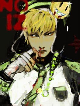  1boy arm_up bandaged_hand bandages beanie blonde_hair blood blood_on_face blood_on_hands bridge_piercing character_name closed_mouth commentary dramatical_murder english_commentary face_piercing green_necktie hat jacket long_sleeves looking_to_the_side male_focus necktie noiz_(dramatical_murder) nosebleed piercing sharp_teeth sideways_glance smiley_face solo sparkle star_(symbol) teeth upper_body ventowol wiping_face  rating:Sensitive score:1 user:danbooru