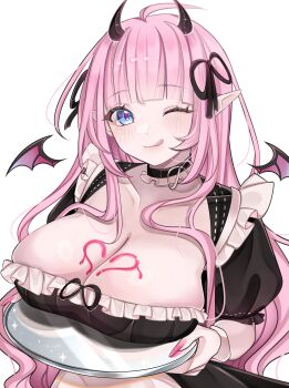  1girl :q absurdres black_choker black_dress black_ribbon blue_eyes blunt_bangs blush breast_rest breasts breasts_on_tray carried_breast_rest carrying choker cleavage closed_mouth collarbone commentary commission demon_girl demon_horns demon_wings detached_wings dress english_commentary fingernails hair_ribbon heart highres holding holding_tray horns large_breasts licking_lips long_fingernails long_hair looking_at_viewer maid nail_polish one_eye_closed original pink_hair pink_nails pointy_ears puffy_short_sleeves puffy_sleeves ribbon rosheil serving short_sleeves simple_background smile solo tongue tongue_out tray upper_body vgen_commission white_background wings 