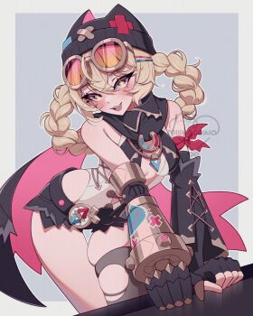  1girl absurdres bare_shoulders black_gloves black_hat black_shorts blonde_hair border braid breasts commentary english_commentary fingerless_gloves genshin_impact gloves goggles goggles_on_head grey_background hat highres jahoda_(genshin_impact) leotard leotard_under_clothes long_hair miiikaccino shorts small_breasts smile solo star-shaped_pupils star_(symbol) symbol-shaped_pupils thighs twin_braids white_border white_leotard yellow_eyes 