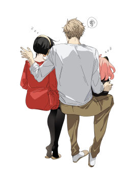  1boy 2girls adoptive_parent_and_adoptive_child ahoge anya_(spy_x_family) arlizi black_hair black_pantyhose blonde_hair brown_pants brown_slippers child commentary_request dress earrings family father_and_daughter from_behind full_body gold_earrings hairband hand_on_another's_back highres husband_and_wife invisible_chair jewelry long_sleeves medium_hair mother_and_daughter multiple_girls off-shoulder_sweater off_shoulder pants pantyhose pink_hair plantar_flexion red_sweater shirt short_hair simple_background sitting sitting_on_lap sitting_on_person sleeping slippers socks spoken_squiggle spy_x_family squiggle sweater sweater_dress t-shirt twilight_(spy_x_family) very_short_hair white_background white_hairband white_shirt white_socks yor_briar zzz 