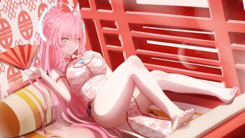  1girl absurdres aemeath_(wuthering_waves) ahoge alternate_costume architecture asutokun_th bare_legs barefoot breasts china_dress chinese_clothes cleavage closed_mouth commentary commentary_request dress east_asian_architecture english_commentary folding_fan hair_ornament hand_fan hand_on_own_chest hands_up highres holding holding_fan long_hair looking_at_viewer medium_breasts mixed-language_commentary orange_eyes pink_hair ponytail sitting smile solo star-shaped_pupils star_(symbol) symbol-shaped_pupils toes white_dress wuthering_waves 