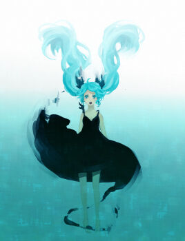  1girl aqua_eyes aqua_hair aqua_theme bad_id bad_pixiv_id bare_shoulders barefoot black_dress blue_theme dress female_focus floating_hair hair_ornament hatsune_miku long_hair open_mouth shinkai_shoujo_(vocaloid) sleeveless solo tomo tomo_(sjim) twintails very_long_hair vocaloid  rating:Sensitive score:6 user:danbooru
