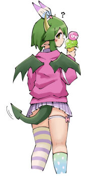  1girl ? asymmetrical_legwear black_outline blue_ribbon blue_socks blush bow brown_eyes character-themed_food closed_mouth commentary_request draco_centauros draco_centauros_(miracle_charmy) dragon_girl dragon_horns dragon_tail dragon_wings feet_out_of_frame food from_behind gradient_socks green_hair green_socks hair_ornament hair_ribbon hairband heart heart_hair_ornament holding holding_ice_cream_cone horns ice_cream ice_cream_cone jacket kneehighs kurokogeee long_sleeves looking_back mismatched_legwear motion_lines official_alternate_costume outline pink_bow pink_hairband pink_jacket pleated_skirt pointy_ears polka_dot polka_dot_socks purple_ribbon purple_skirt purple_thighhighs puyo_(puyopuyo) puyopuyo puyopuyo_quest ribbon short_hair simple_background skirt socks solo sprinkles striped_clothes striped_ribbon striped_thighhighs tail thick_thighs thigh_bow thigh_strap thighhighs thighs turning_head white_background white_socks white_straps white_trim wings yellow_ribbon yellow_thighhighs 
