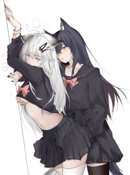  2girls against_wall alternate_costume animal_ear_piercing animal_ears arknights black_hair black_nails black_shirt black_skirt black_thighhighs blue_eyes bow bracelet chinese_commentary commentary_request fang fingernails grabbing_another's_breast groping hair_ornament hand_under_clothes hand_under_skirt heart highres jewelry lappland_(arknights) long_hair long_sleeves multiple_girls nail_polish onemore orange_eyes pink_bow pleated_skirt sailor_collar scar scar_across_eye scar_on_face shirt simple_background skirt tail texas_(arknights) thighhighs white_background white_hair white_thighhighs wolf_girl yuri 
