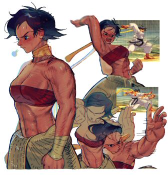  1girl absurdres bandaged_hand bandages belt black_belt black_hair blush bra breasts cleavage collarbone commentary_request dougi drooling ear_blush exposed_muscle fighting_stance from_side full-face_blush hair_blush hairband headband highres karate karate_chop karate_gi kengyou_lei large_breasts light_blush looking_to_the_side loose_clothes makoto_(street_fighter) medium_breasts motion_lines mouth_drool muscular muscular_female nose_blush open_mouth palm_strike red_bra saliva seeing_stars shaking_head shiny_skin short_hair sigh simple_background single_bare_shoulder solo speed_lines sprite street_fighter street_fighter_iii_(series) sweat tomboy toned toned_female tongue training training_bra underwear white_background white_dougi wide-eyed yellow_hairband yellow_headband 