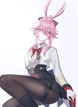  1girl animal bad_tag bow choker collared_shirt commentary_request evanescia_(honkai:_star_rail) eyeliner flower highres honkai:_star_rail honkai_(series) jacket makeup pink_pupils rabbit shirt skirt 