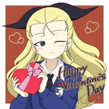  1girl assam_(girls_und_panzer) blonde_hair blue_eyes blush closed_mouth commentary_request girls_und_panzer hair_ribbon happy_valentine highres ichinose_jun long_hair looking_at_viewer one_eye_closed ribbon school_uniform simple_background smile solo st._gloriana's_school_uniform valentine 