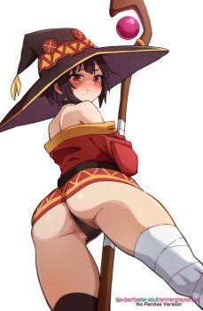  1girl :t absurdres animanghayo ass bandaged_leg bandages bare_shoulders black_choker black_panties black_thighhighs blush brown_hair cameltoe choker clip_studio_paint_(medium) commentary cowboy_shot dress from_below hat highres holding holding_staff kono_subarashii_sekai_ni_shukufuku_wo! looking_at_viewer mage_staff megumin off-shoulder_dress off_shoulder paid_reward_available panties pout red_dress red_eyes short_hair short_hair_with_long_locks simple_background solo staff subscribestar_logo subscribestar_username thighhighs thighs underwear untranslatable_commentary watermark web_address white_background witch_hat 