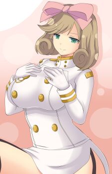  1girl breasts brown_hair dmayaichi gloves green_eyes hair_ribbon haruka_(senran_kagura) highres large_breasts long_sleeves medium_hair ribbon senran_kagura skirt solo thighs  rating:Sensitive score:9 user:zombiespacial