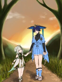  1boy 1girl anklet arm_at_side armlet armor arms_at_sides asymmetrical_sidelocks bare_tree black_bodysuit black_bridal_gauntlets black_hair bloomers blue_bow blue_cape blue_hat blue_rope blue_sash blue_shorts blue_sleeves blunt_ends bodysuit bow bracelet bridal_gauntlets cape clenched_hand closed_eyes closed_mouth cloud covered_collarbone detached_sleeves dress eyelashes facing_another full_body furisode genshin_impact gold gold_trim grass green_cape green_hair green_sleeves hair_between_eyes hair_ornament hakama hakama_shorts half_crown_braid hand_up hat height_difference highres hill holding_hands japanese_armor japanese_clothes jewelry jingasa kimono kote kurokote layered_sleeves leaf leaf_hair_ornament leg_warmers long_hair looking_at_another middle_ring multicolored_hair nahida_(genshin_impact) orange_sky outdoors partially_colored pleated_shorts pon_oi4 purple_eyes rope sandals sash scaramouche_(genshin_impact) short_sleeves shorts shoulder_peek side_ponytail sidelocks sky smile socks standing streaked_hair sun sunset tassel toeless_socks toenails toes tree turtleneck turtleneck_bodysuit underwear unfinished wanderer_(genshin_impact) white_bloomers white_dress white_hair white_leg_warmers white_socks wispy_bangs zouri 