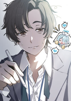  1boy 1girl absurdres arona_(blue_archive) bags_under_eyes blue_archive blue_hair blue_halo blue_shirt bow braid brown_eyes brown_hair chibi chibi_inset closed_eyes commentary_request dress_shirt exhausted grey_jacket hair_bow hair_over_one_eye halo heart highres holding holding_pen jacket looking_at_viewer male_focus messy_hair mugi_(marineblue134) multicolored_hair necktie notice_lines open_collar open_mouth pen pink_hair pom_pom_(cheerleading) portrait sailor_collar sensei_(blue_archive) sensei_(blue_archive_the_animation) shirt short_hair single_braid smile speech_bubble spoken_heart straight-on suit_jacket sweat sweatdrop two-tone_hair undone_necktie white_bow white_sailor_collar white_shirt 