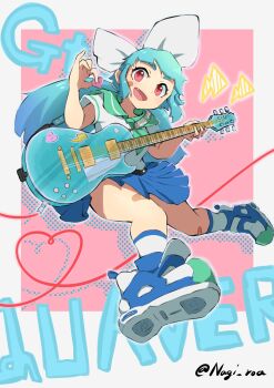  1girl absurdres aqua_hair blue_shoes blue_skirt bow commentary_request electric_guitar fang flat_chest green_serafuku guitar hair_bow highres holding holding_plectrum instrument long_hair low_ponytail nagi_roa plectrum ponytail quaver_(unbeatable) red_eyes school_uniform serafuku shoes skirt sneakers socks solo twitter_username unbeatable very_long_hair white_bow white_socks  rating:General score:7 user:danbooru