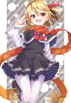  1girl :d black_boots black_capelet black_dress blonde_hair boots capelet commentary_request diagonal-striped_background dress fang feet_out_of_frame frilled_dress frills fringe_trim fur-trimmed_boots fur-trimmed_capelet fur_trim hair_between_eyes hair_ribbon highres long_sleeves open_mouth orange_scarf pantyhose red_eyes red_ribbon ribbon rumia scarf shirt smile solo standing standing_on_one_leg striped_background touhou uumaru white_pantyhose white_shirt wide_sleeves 