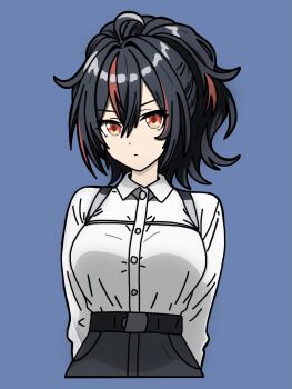  1girl arms_behind_back black_hair black_pants blue_background breasts cropped_torso hibarakirari high-waist_pants highres holster large_breasts long_hair looking_at_viewer multicolored_hair pants ponytail red_eyes red_hair shirt shirt_tucked_in shoulder_holster solo streaked_hair white_shirt zenless_zone_zero zhu_yuan 