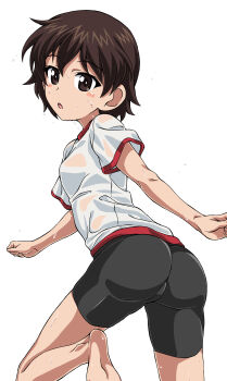  1girl 9s0ykoyama117 absurdres ass bike_shorts black_shorts blush breasts brown_eyes brown_hair commentary_request girls_und_panzer gym_uniform highres isobe_noriko looking_at_viewer looking_back open_mouth shirt short_hair shorts simple_background small_breasts solo sweat white_background white_shirt 