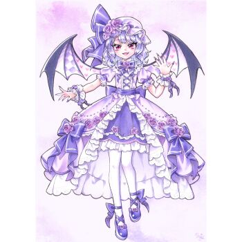  1girl alternate_color alternate_costume back_bow bat_wings bow bowtie commentary_request dress dress_flower fangs flower frilled_wrist_cuffs frills full_body hat hat_flower looking_at_viewer medium_hair miy_001 open_mouth pantyhose puffy_short_sleeves puffy_sleeves purple_bow purple_bowtie purple_dress purple_eyes purple_flower purple_hair purple_hat purple_nails purple_rose purple_shoes purple_wrist_cuffs remilia_scarlet rose shoes short_sleeves smile solo touhou white_pantyhose wings wrist_cuffs 