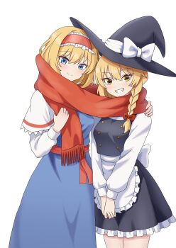  2girls alice_margatroid apron back_bow black_hat black_skirt black_vest blonde_hair blue_dress blush bow braid breasts capelet closed_mouth commentary_request dress frilled_hairband frilled_skirt frills grin hair_bow hairband hat hat_bow highres kirisame_marisa kiyo_(tomoki6107) lolita_hairband long_hair long_sleeves multiple_girls pink_hairband red_bow red_sash red_scarf sash scarf shared_clothes shared_scarf side_braid simple_background single_braid skirt smile touhou vest waist_apron waist_sash white_apron white_background white_bow white_capelet witch_hat yellow_eyes 