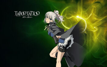  1girl black_boots black_coat black_gloves black_shorts blue_eyes blue_vest bluesy_fluesy boots bow breasts closed_mouth coat english_text female_focus fingerless_gloves gloves grey_hair gun hair_bow hair_ribbon handgun highres holding holding_gun holding_pistol holding_weapon japanese_text legs long_hair long_sleeves looking_at_viewer looking_back miniskirt neckerchief pink_bow pink_ribbon pleated_skirt ponytail ribbon sexually_suggestive shorts skirt small_breasts solo solo_focus stitched taboo_tattoo thighs third-party_edit translated translation_request upskirt vest weapon white_skirt yellow_neckerchief 