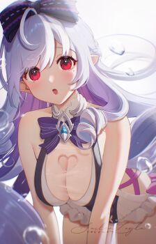  1girl bare_shoulders blush bow breasts bubble casual_one-piece_swimsuit clothing_cutout commentary english_commentary hair_bow heart_cutout highres large_breasts long_hair looking_at_viewer mole mole_under_eye multicolored_hair official_alternate_costume one-piece_swimsuit open_mouth paid_reward_available pointy_ears purple_bow purple_hair red_eyes sailorleyla sidelocks signature solo streaked_hair swimsuit very_long_hair vivian_banshee vivian_banshee_(iris_of_the_shore) white_one-piece_swimsuit zenless_zone_zero 