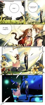  1boy 1girl aerith_gainsborough armor arms_behind_back bandaged_leg bandages bangle black_boots blonde_hair blue_pants blue_shirt boots border bracelet braid braided_ponytail breasts brown_boots brown_hair buster_sword choker cleavage cloud_strife commentary cropped_jacket dress english_commentary english_text final_fantasy final_fantasy_vii final_fantasy_vii_rebirth final_fantasy_vii_remake flower flower_choker grass green_eyes hair_ribbon highres jacket jewelry leaning_forward light_blush lily_(flower) long_dress long_hair looking_at_another meadow medium_breasts outdoors pants parted_bangs parted_lips pauldrons pink_dress pink_ribbon playground red_flower red_jacket ribbon shirt short_hair shoulder_armor sidelocks single_braid single_pauldron sleeveless sleeveless_turtleneck smile spiked_hair suspenders sword sword_on_back talking thisbymaha turtleneck weapon weapon_on_back white_border yellow_flower 