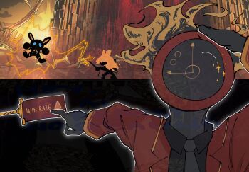  1girl 1other 2boys antlers armor black_gloves black_necktie black_shirt clock coat collared_shirt commentary dante_(limbus_company) english_commentary fire gameplay_mechanics gloves heathcliff_(project_moon) helmet highres holding holding_staff horns ishmael_(project_moon) limbus_company meme multiple_boys naoya_hitting_choso_without_looking_(meme) necktie object_head orange_hair project_moon r_corp._(identity)_(project_moon) red_coat reindeer_antlers ricardo_(project_moon) shirt staff takaba3150 