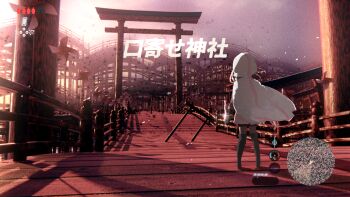  1girl black_boots black_gloves black_shorts bodystocking boots bow_(weapon) bridge cloak commentary_request crossbow floating_cape full_body gloves hood hood_up hooded_cloak light_particles magia_record:_mahou_shoujo_madoka_magica_gaiden magical_girl mahou_shoujo_madoka_magica map miniskirt nintendo outdoors parody pink_hair pink_skirt pleated_skirt samidare_(hoshi) short_hair shorts shorts_under_skirt sidelocks skirt solo standing sun sunrise tamaki_iroha the_legend_of_zelda the_legend_of_zelda:_breath_of_the_wild thigh_boots torii translation_request user_interface weapon white_cloak wind 