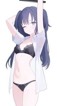 1girl absurdres arms_up black_bra black_panties blue_archive blush bra breasts commentary_request halo highres jyt looking_at_viewer mechanical_halo navel open_clothes open_shirt panties purple_eyes purple_hair shirt simple_background small_breasts stomach sweatdrop two_side_up underwear white_background white_shirt yuuka_(blue_archive) rating:Sensitive score:64 user:danbooru