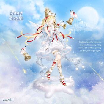  1girl angel_wings animal animal_on_head arm_warmers artist_request bare_shoulders bell blonde_hair blue_eyes blue_sky boots bow bow_legwear character_name choker christmas cloud copyright_logo cross-laced_clothes cross-laced_legwear day dress earrings english_text feathered_wings full_body fur-trimmed_boots fur-trimmed_dress fur_arm_warmers fur_thigh_strap fur_trim gold_thighlet grey_dress hair_bow hairband hat hat_bow high_heel_boots high_heels holding holding_instrument holding_trumpet instrument jewelry kneehighs knees light_particles logo long_hair looking_at_viewer miracle_nikki multiple_wings music nikki_(series) official_art on_cloud on_head one_eye_closed outdoors outline petticoat playing_instrument pom_pom_(clothes) pom_pom_earrings print_dress rabbit_jingle_bell_(miracle_nikki) red_bow red_choker red_hairband shooting_star sky sleeveless sleeveless_dress snowflake_choker snowflake_print socks solo sparkle standing striped_clothes striped_socks sun swept_bangs thighlet third-party_source trumpet twintails vertical-striped_clothes vertical-striped_socks very_long_hair white_arm_warmers white_boots white_outline white_rabbit_(animal) white_socks white_wings wings yellow_bow 