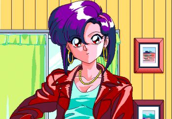  1girl aliasing angry animahjong animahjong_v3 animated animated_gif bra female_focus looking_at_viewer lowres miyabi_(animahjong) nakajima_atsuko panties pc98 pixel_art purple_hair short_hair smile solo underwear undressing  rating:Sensitive score:93 user:whiptowel