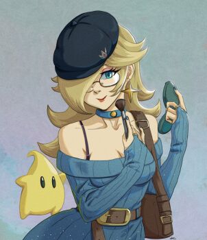  1girl alternate_costume bag bare_shoulders belt belt_buckle bespectacled black_hat blonde_hair blue_choker blue_dress blue_eyes blue_nails breasts bridal_gauntlets brown_bag brown_belt buckle choker cleavage closed_mouth collarbone commentary contemporary dress earrings english_commentary eyelashes glasses hair_over_one_eye hat highres holding holding_brush holding_makeup_brush ialmar_art jewelry long_hair looking_at_viewer luma_(mario) makeup_brush mario_(series) nintendo rosalina shoulder_bag star_(symbol) star_earrings upper_body 