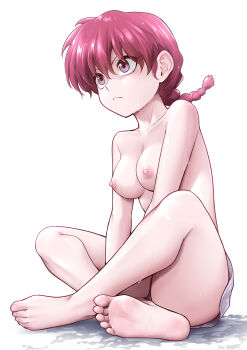  >:( 1girl barefoot boyshort_panties braid braided_ponytail breasts closed_mouth frown full_body hair_between_eyes highres indian_style long_hair looking_ahead medium_breasts nipples ogry_ching pink_eyes ranma-chan ranma_1/2 red_hair single_braid sitting soles solo toes topless_female underwear underwear_only upshorts v-shaped_eyebrows wet 