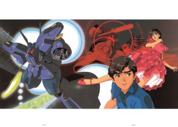  1990s_(style) 1boy 1girl absurdres aiming arm_cannon beam_axe beam_cannon brown_hair cable desert_zaku dress dwadge dwadge_custom green_eyes gundam gundam_zz heads-up_display highres judau_ashta kitazume_hiroyuki leina_ashta magazine_scan mecha mobile_suit neo_zeon o'neill_cylinder official_art one-eyed retro_artstyle robot scan scared scene_reference science_fiction shield siblings space space_habitat thrusters traditional_media user_interface weapon zero_gravity 