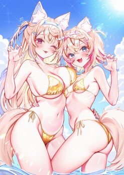  2girls :d ;p animal_ear_fluff animal_ears arm_around_waist ass asymmetrical_docking bandaid bandaid_hair_ornament bikini blonde_hair blue_eyes blue_hairband blue_sky blue_streaks breast_press breasts claw_pose cleavage clip_studio_paint_(medium) commentary crossed_bangs day dog_ears dog_girl dog_tail double-parted_bangs drowsenss fake_horns fuwawa_abyssgard gold_bikini hair_between_eyes hair_intakes hair_ornament hairband hairclip hand_up highres hololive hololive_english horn_hairband horns large_breasts long_hair looking_at_viewer making-of_available mococo_abyssgard multicolored_hair multiple_girls navel ocean one_eye_closed open_mouth parallel_hairclips pink_eyes pink_hairband pink_streaks short_hair siblings side-tie_bikini_bottom sisters sky small_breasts smile streaked_hair string_bikini swimsuit tail tongue tongue_out twins two_side_up virtual_youtuber wading x_hair_ornament 