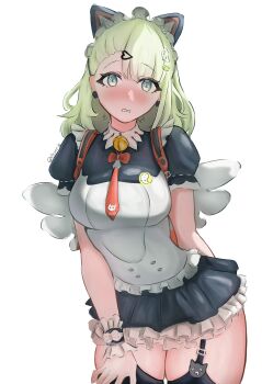  1girl absurdres animal_ear_hairband animal_ears arm_behind_back bag bell black_dress black_thighhighs blush breasts cat_ear_hairband cat_ears deser99 dress embarrassed fake_animal_ears green_eyes green_hair hair_ornament hairband hand_on_own_thigh heart highres looking_at_viewer maid maid_headdress multiple_hair_clips neck_bell official_alternate_costume red_bag simple_background solo sunna_(afternoon_tea_break)_(zenless_zone_zero) sunna_(zenless_zone_zero) thick_thighs thighhighs thighs twitter_username white_background white_wings winged_bag wings zenless_zone_zero 