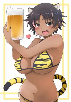  1girl :3 alcohol animal_ears animal_print beer beer_mug bikini black_hair black_nails bon_(vtuber) breasts brown_hair cat_ears cleavage commentary_request cup dark-skinned_female dark_skin earth_ekami heart highres holding holding_cup indie_virtual_youtuber large_breasts looking_at_viewer mug nail_polish second-party_source short_hair smile solo swimsuit tail tiger_print tiger_tail virtual_youtuber yellow_bikini 