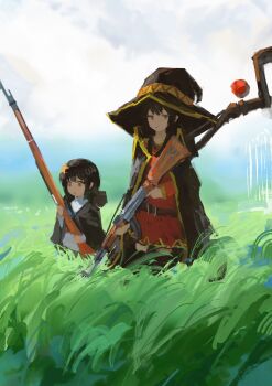  2girls absurdres ak-47 assault_rifle belt black_cloak black_hair child cloak cloud day dress grass gun hair_ornament hat highres holding holding_gun holding_weapon kalashnikov_rifle komekko kono_subarashii_sekai_ni_shukufuku_wo! koukouya long_sleeves mage_staff megumin multiple_girls open_mouth outdoors red_dress rifle siblings sisters sky staff star_(symbol) star_hair_ornament weapon witch_hat 