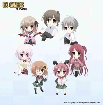  2000s_(style) 2026 2boys 5girls :o akabane_youko animal_ear_legwear animal_hood bat_wings black_pants black_thighhighs blue_background blue_skirt blush brown_hair cardigan chibi circle_formation claw_pose closed_mouth copyright_name crossed_legs drill_hair faux_retro_artstyle flower gradient_background green_eyes green_skirt grey_eyes grey_hair hair_flower hair_ornament hair_ribbon hairclip honma_himawari hood hood_up index_finger_raised jpeg_artifacts jpeg_artifacts_on_purpose kanae_(nijisanji) kuzuha_(nijisanji) leg_tattoo long_hair long_sleeves looking_at_viewer makaino_ririmu medium_hair multiple_boys multiple_girls nijisanji nijisanji_gamers one_eye_closed open_mouth p8vpdb panda_hood pants pink_cardigan pink_eyes pink_hair pleated_skirt red_eyes red_skirt ribbon sasaki_saku school_uniform serafuku shiina_yuika shirt short_hair side_ponytail simple_background sitting skirt smile standing sunflower sunflower_hair_ornament tattoo thighhighs twin_drills twitter_username v virtual_youtuber white_background white_shirt white_thighhighs wings zettai_ryouiki 